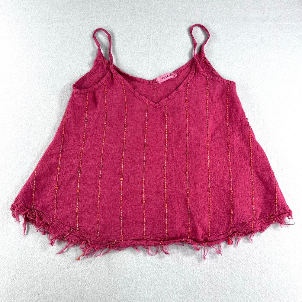 Mulaya Boho Fringe Hem 100% Cotton Cami Tank Top Berry Magenta Size 10